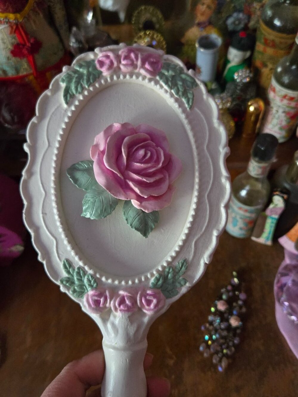 White Wall Hanging Hand Mirror Shape with Pink Roses Romantic Cottagecore